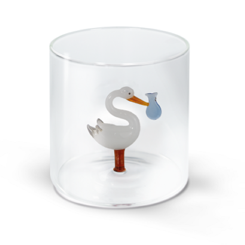 BICCHIERE IN VETRO BOROSILICATO CAPACITÀ 250 ML. DECORO CICOGNA FAGOTTO BLU