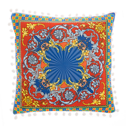 CUSCINO FOULARD 40 X 40 TONI BLU E ROSSO SFODERABILE POM-POM BIANCHI